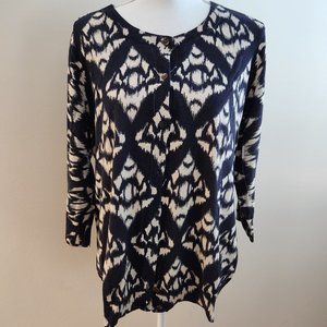 Talbots Geometric Navy & Cream Print Button front cardigan, size 1X